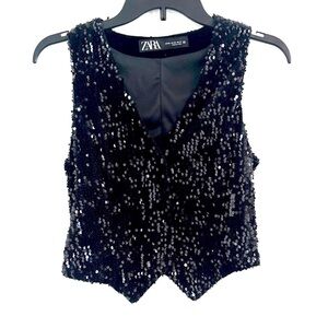 ZARA Gorgeous Black Sequin Snap Vest Size XS